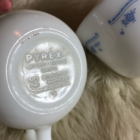 3 Vintage Pyrex Milk Glass morning Blue Mugs - Picture 3 of 8